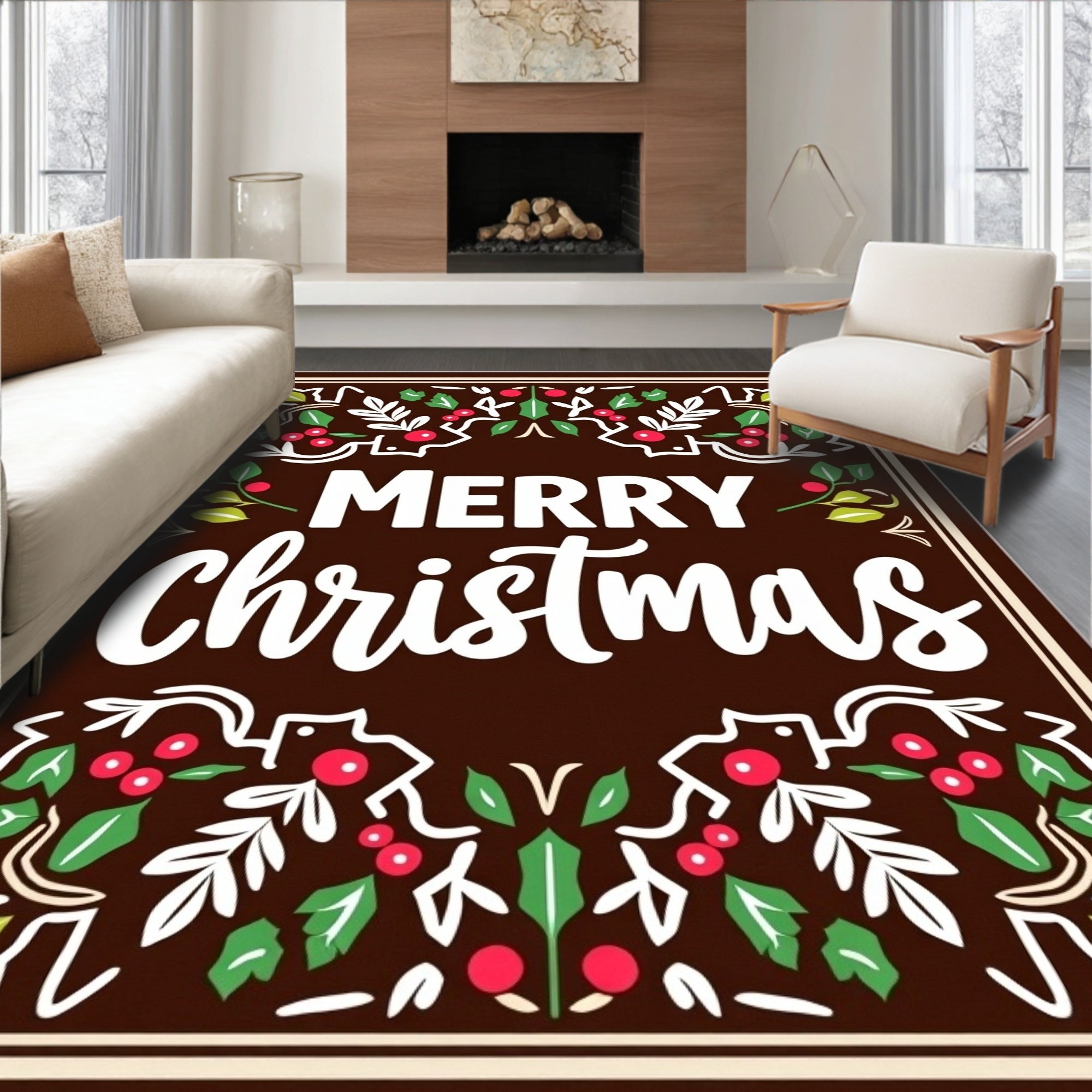 Brown Christmas Holly Berry Garland Rug