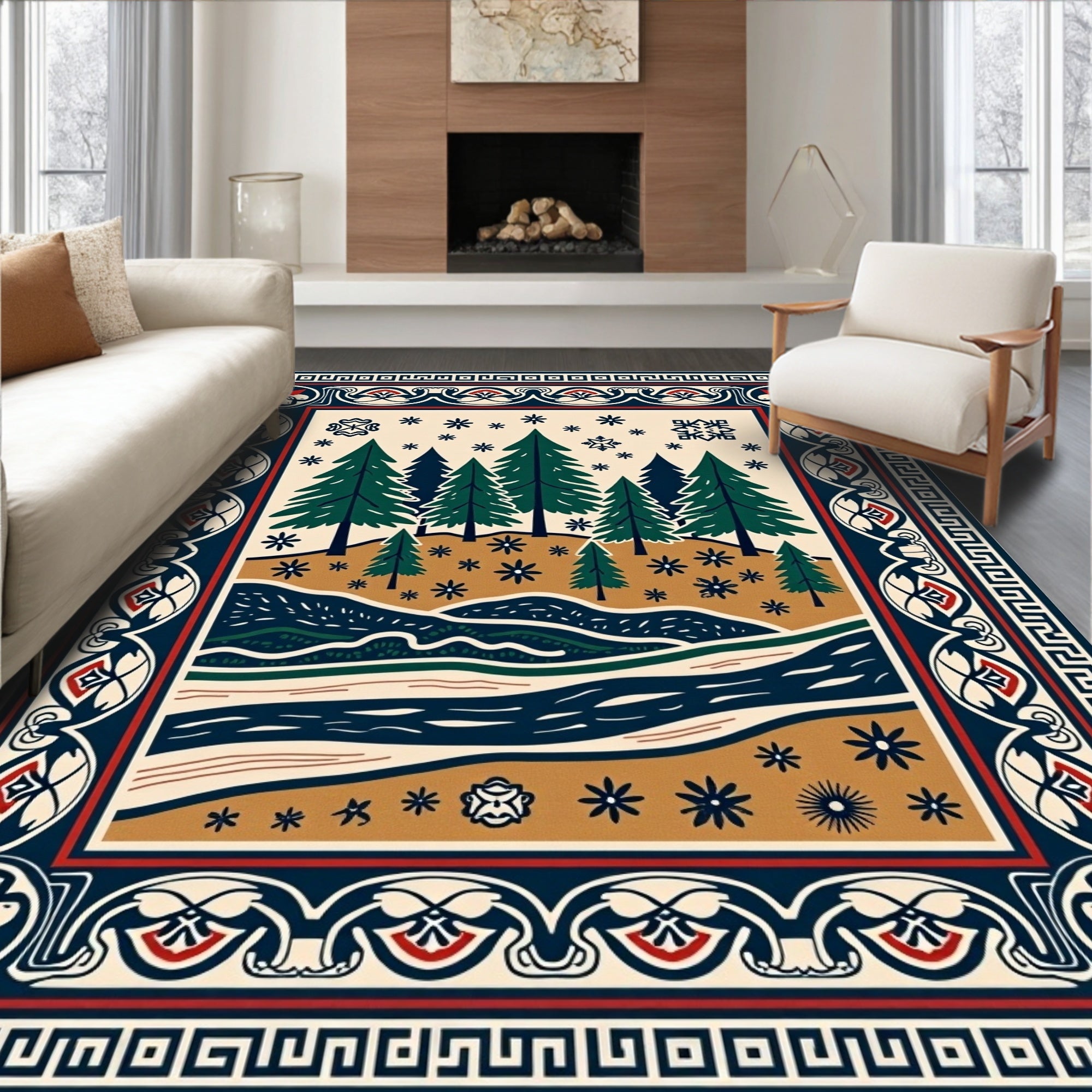 Winter Forest Stream Folk Art Rug