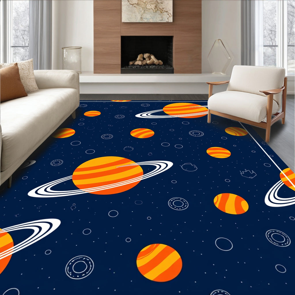 Orange Striped Ringed Planets Navy Rug