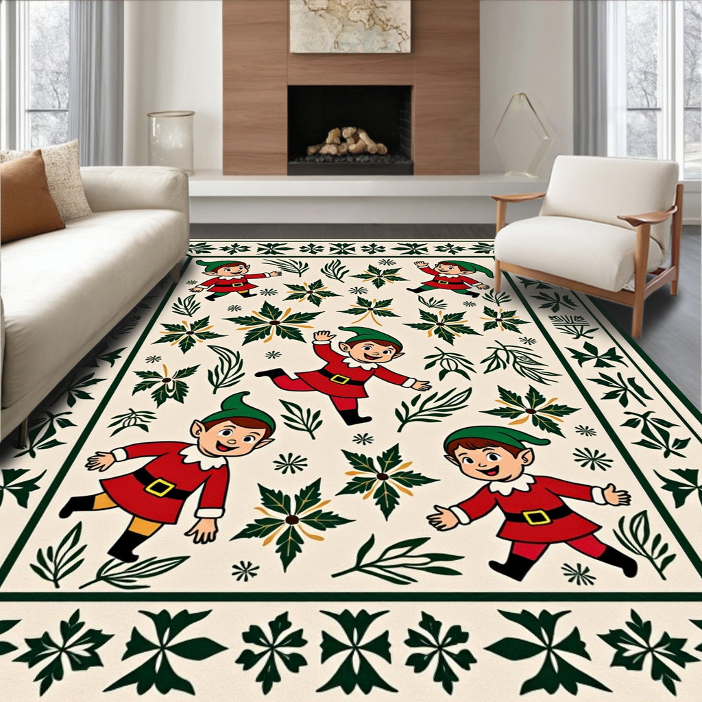 Festive Elves Red Green Cream Border Rug