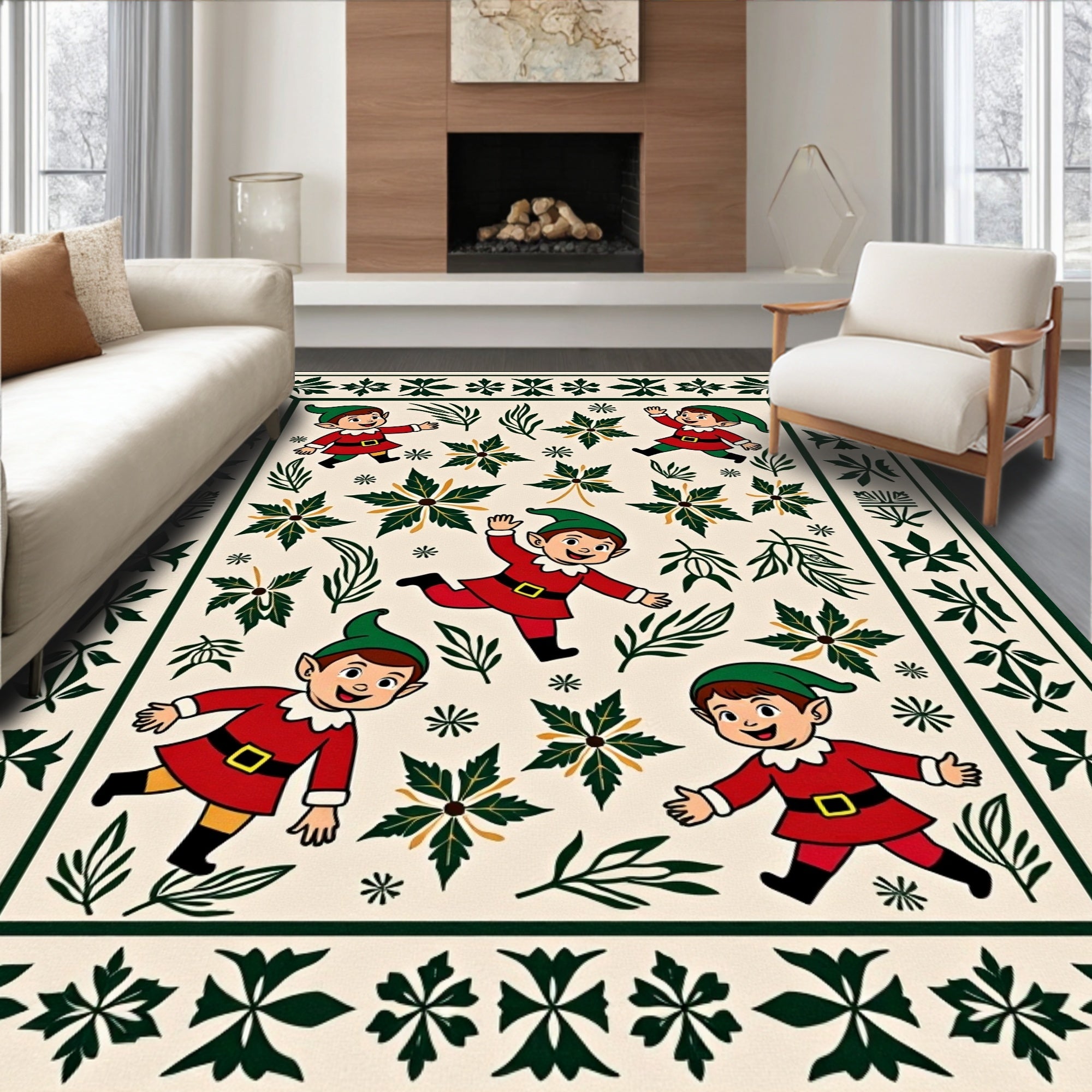 Festive Elves Red Green Cream Border Rug