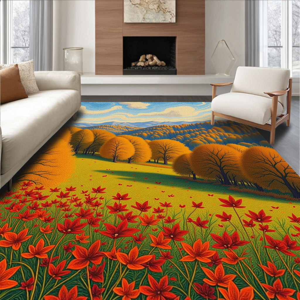 Golden Autumn Trees Field Red Flowers Rug