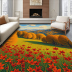 Golden Autumn Trees Field Red Flowers Rug