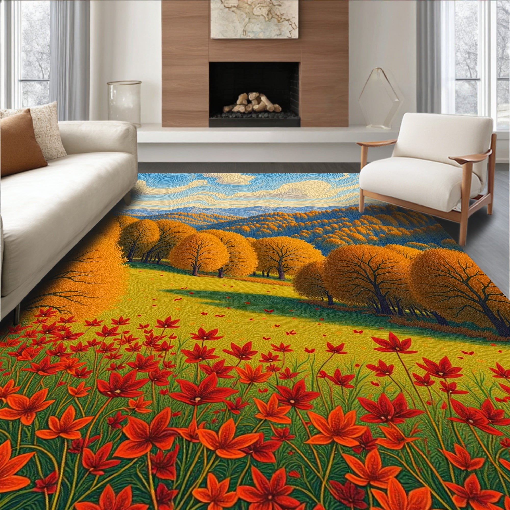 Golden Autumn Trees Field Red Flowers Rug