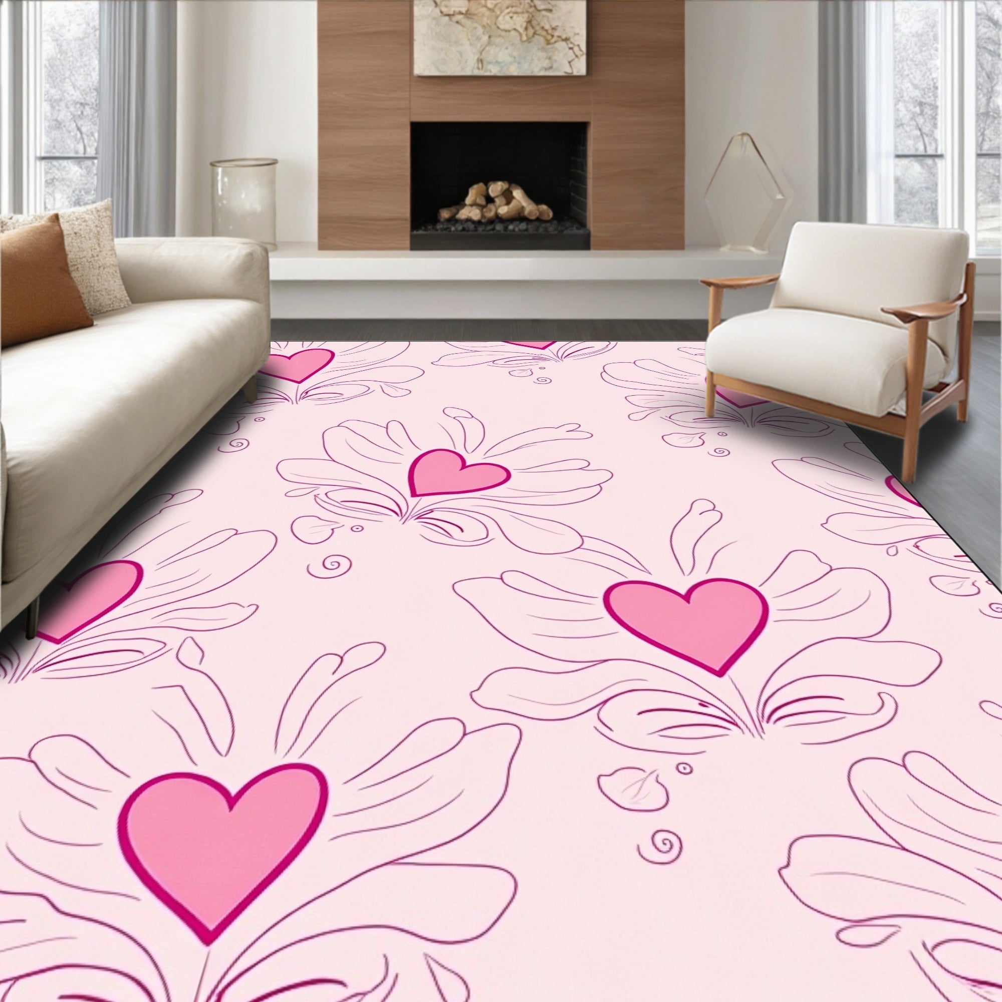 Pink Heart Floral Outline Rug