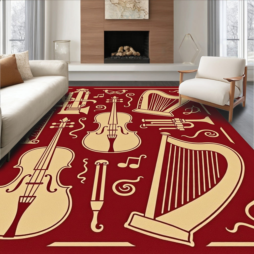 Burgundy and Gold Musical Instruments Collage Rug