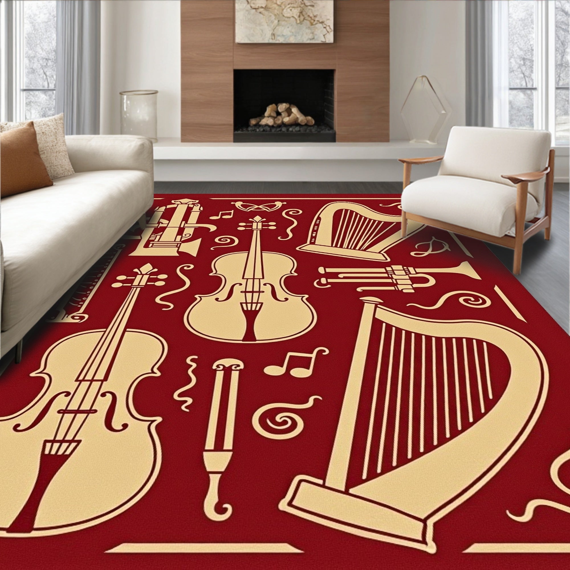 Burgundy and Gold Musical Instruments Collage Rug