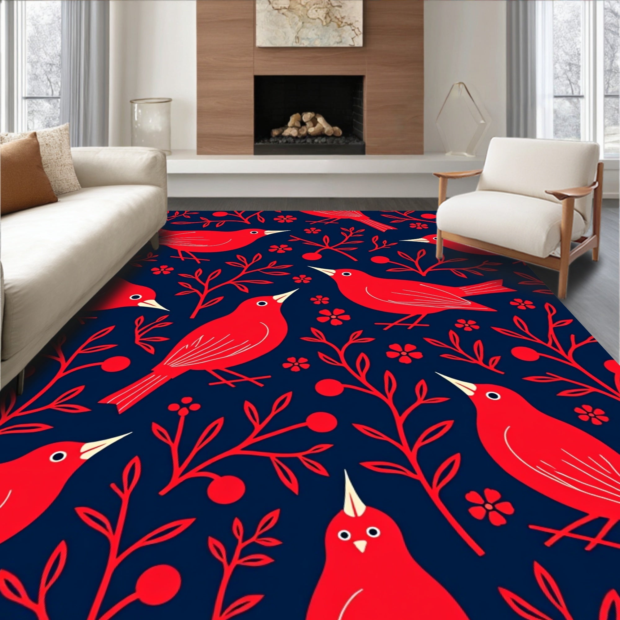 Vibrant Red Birds Blossom Blue Rug
