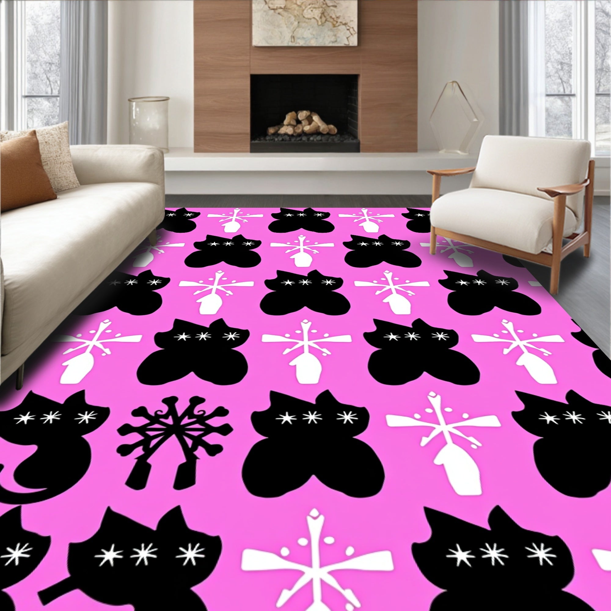 Black Cat Snowflake Pink Graphic Rug