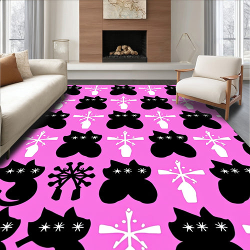 Black Cat Snowflake Pink Graphic Rug