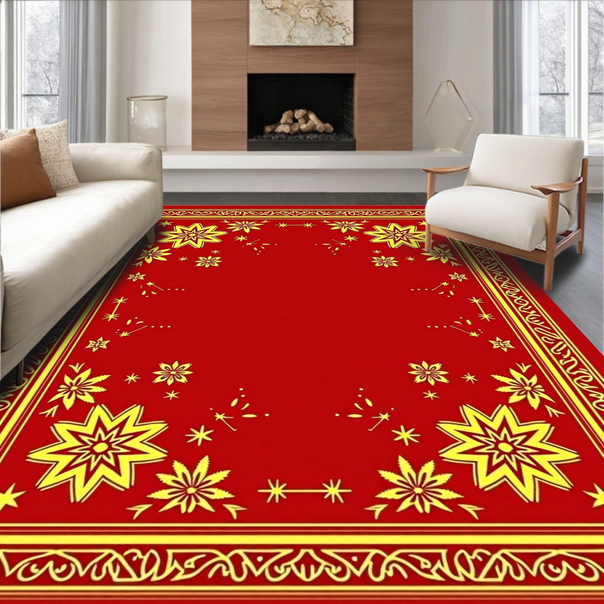 Golden Sunburst Bordered Red Rug