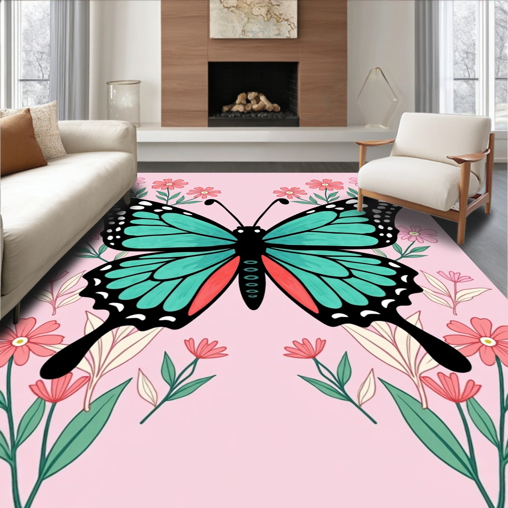 Whimsical Teal Butterfly Pink Floral Rug