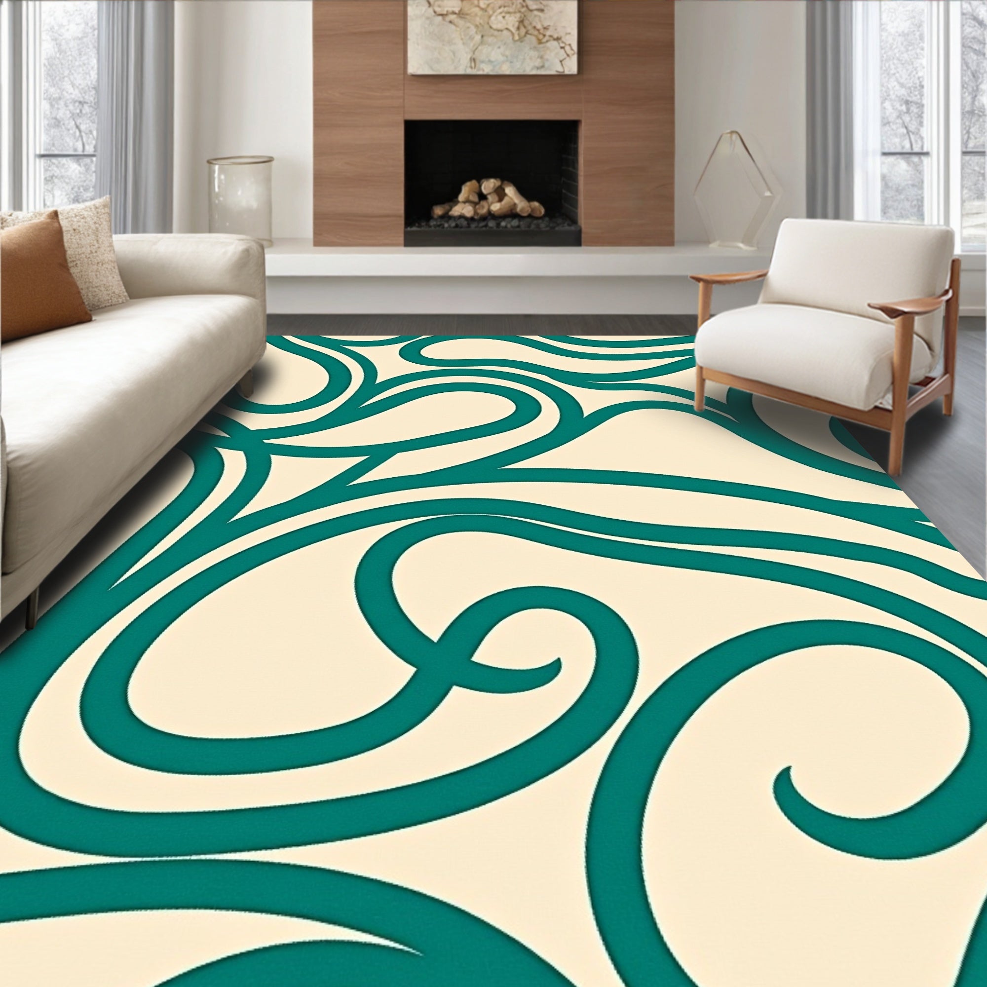 Teal Swirl Abstract Cream Rug