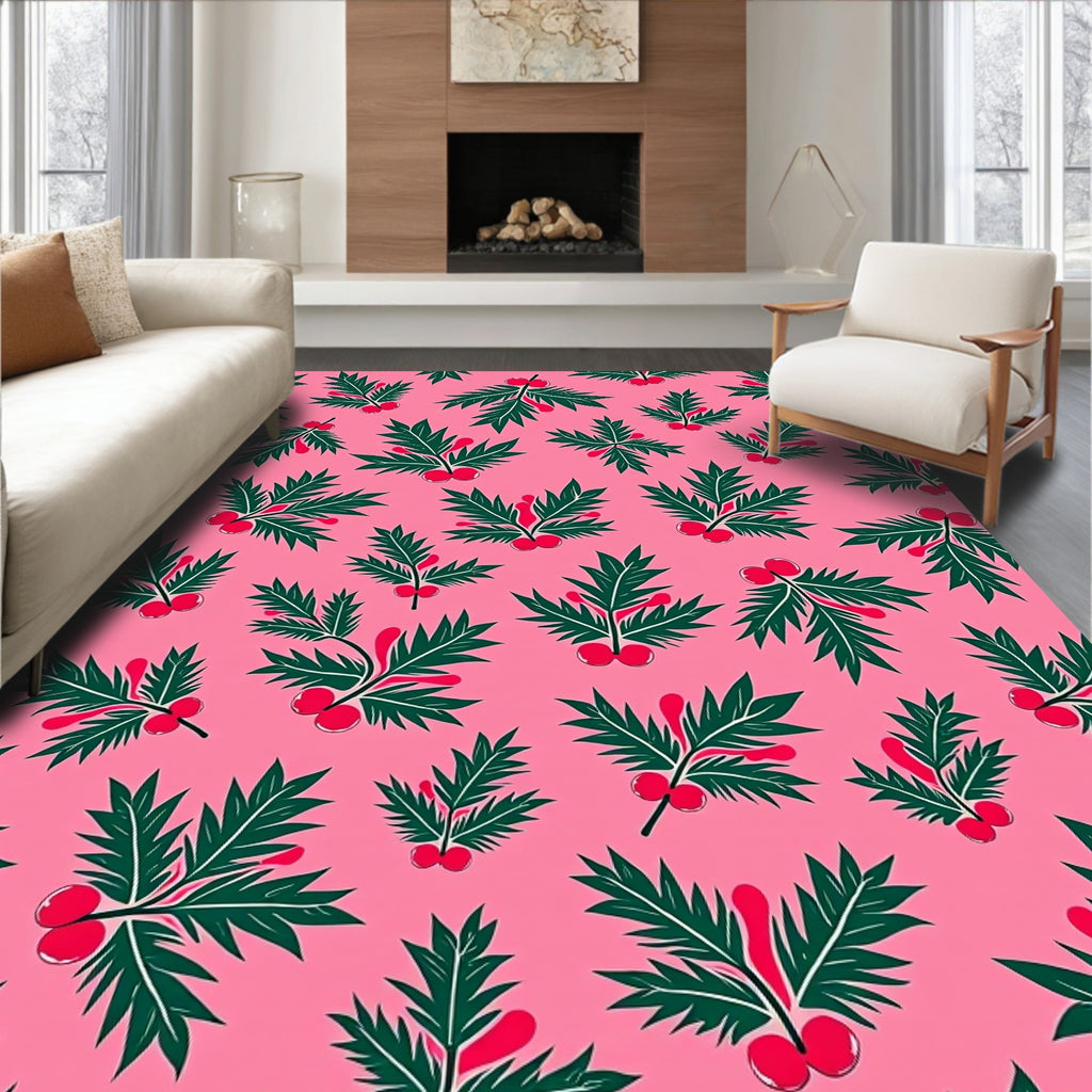 Pink Green Red Holly Berries Rug