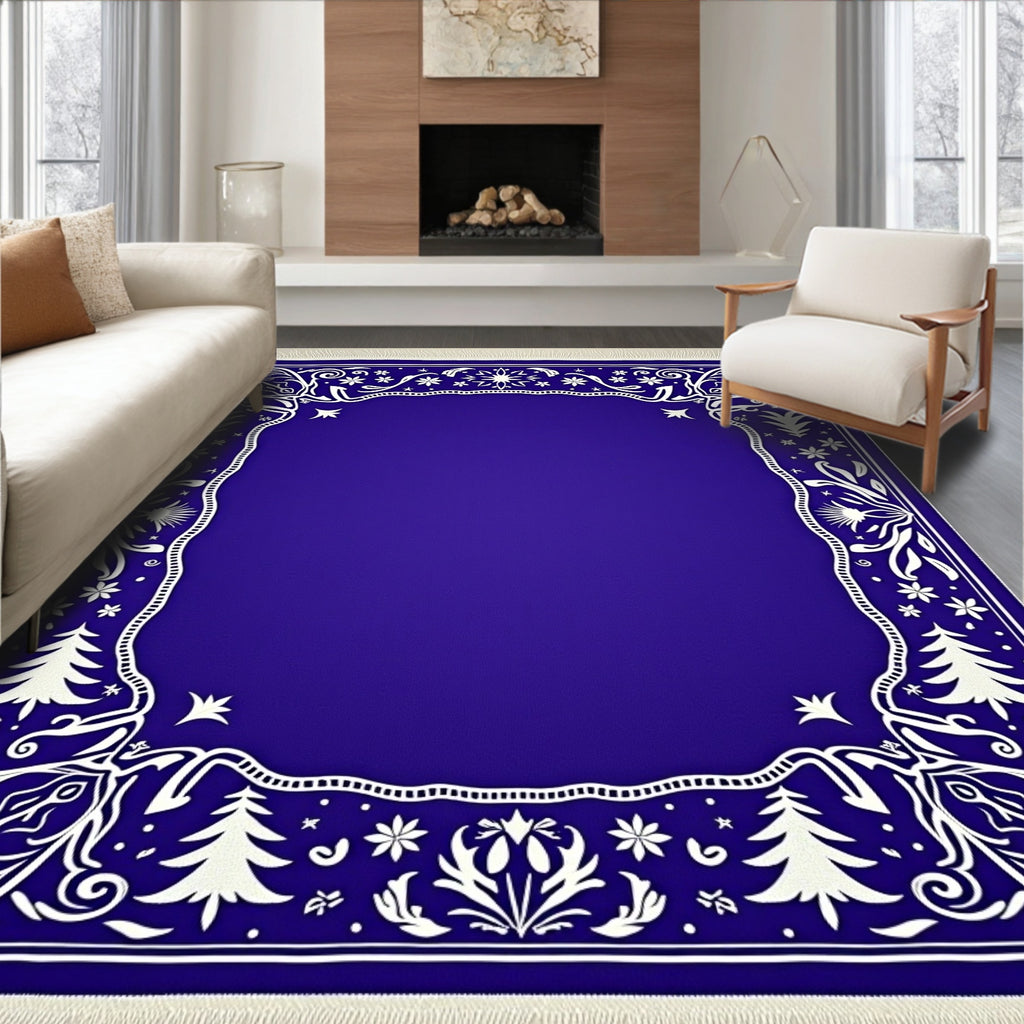 Royal Blue White Floral Holiday Border Rug