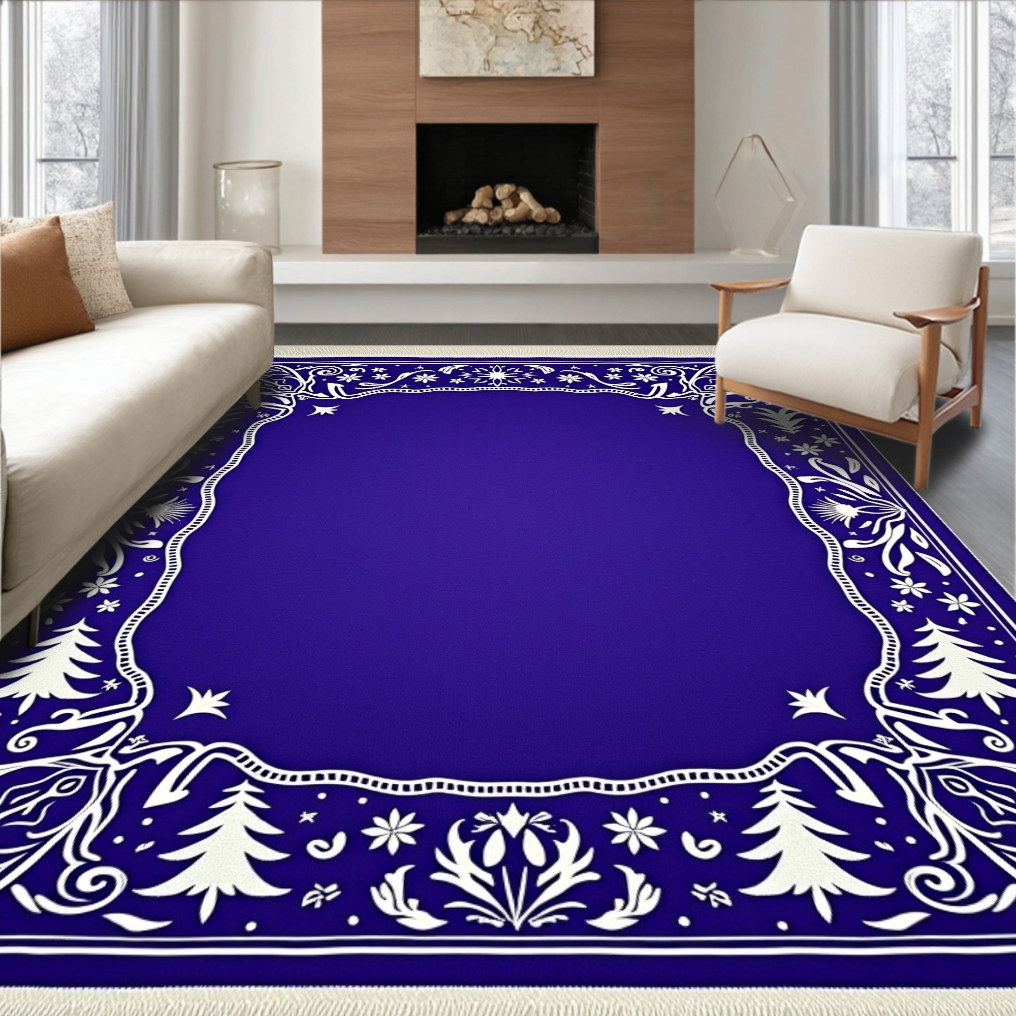 Royal Blue White Floral Holiday Border Rug