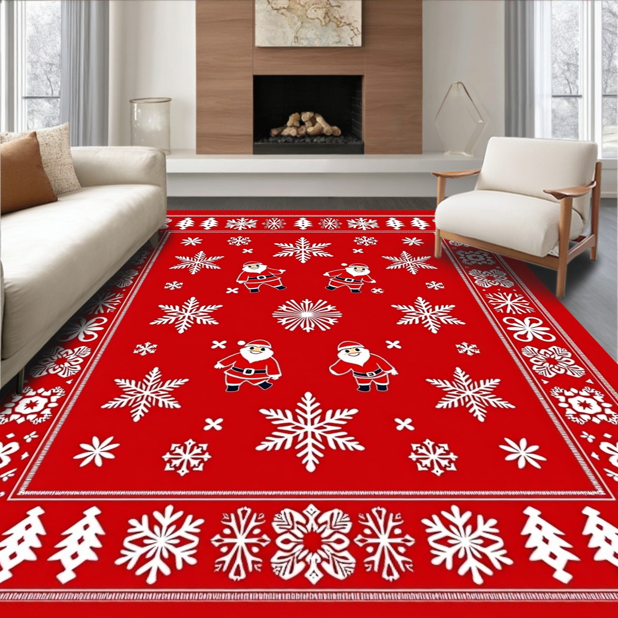 Red White Santa Snowflake Border Rug