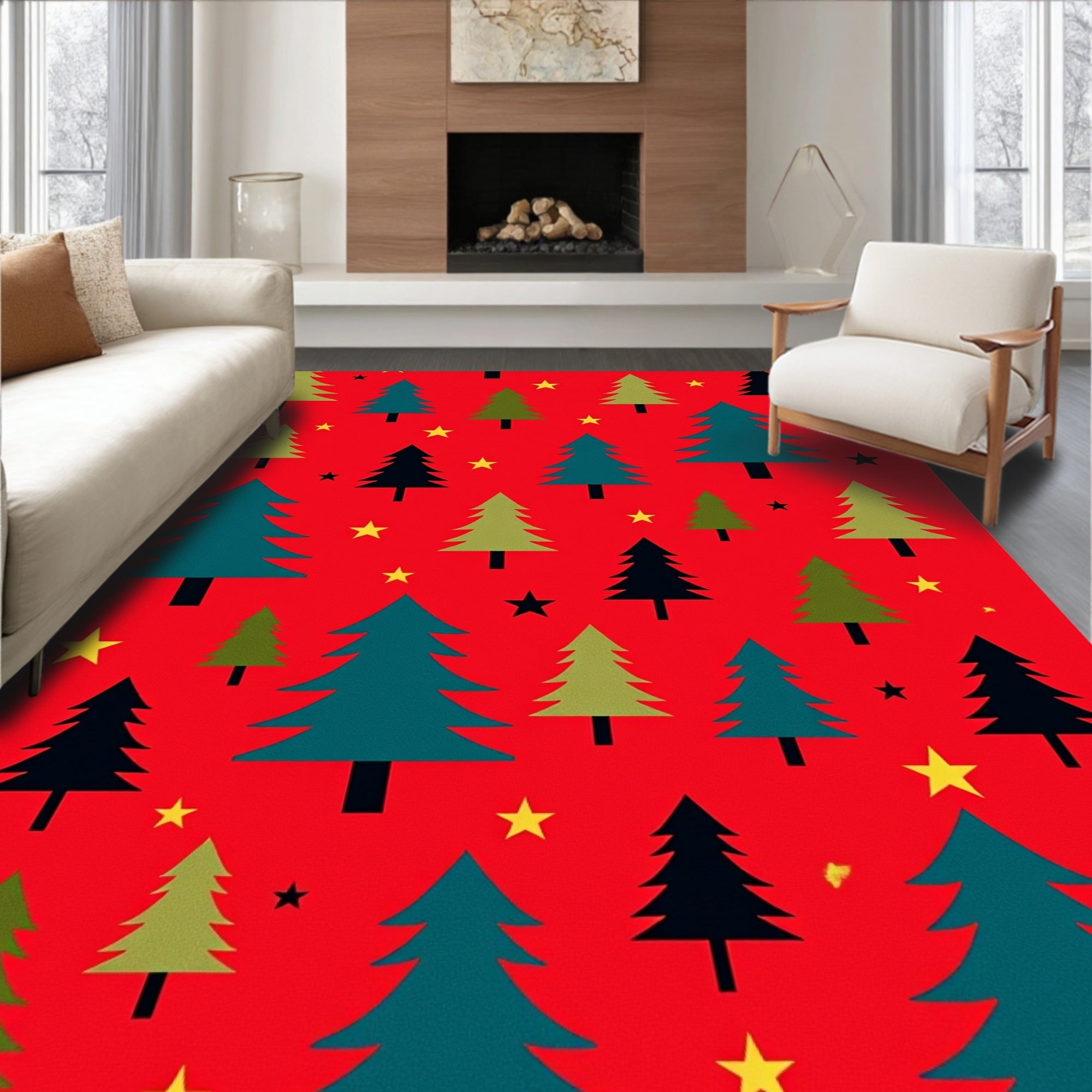 Red Forest Trees And Stars Rug