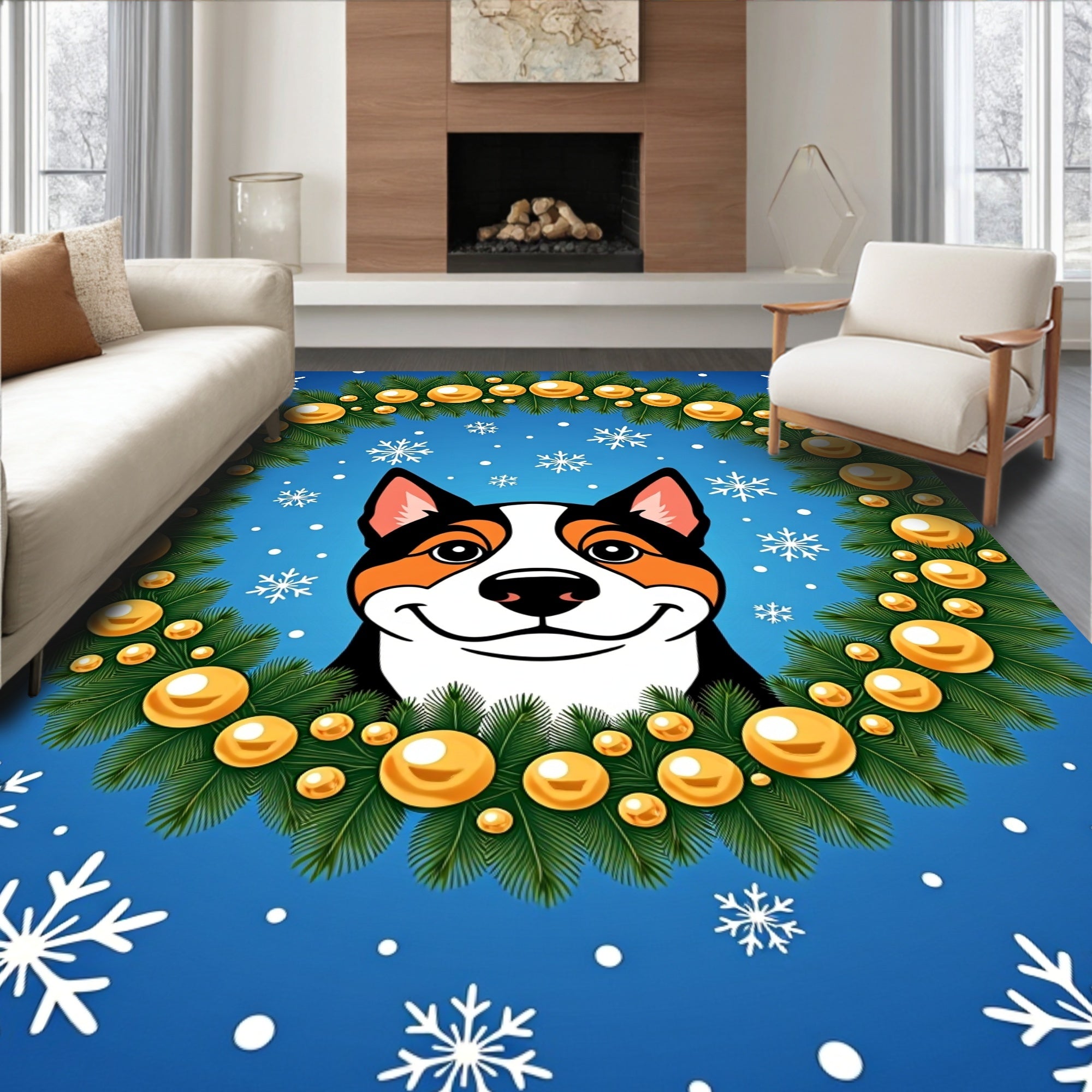 Festive Dog Wreath Snowflakes Golden Baubles Rug