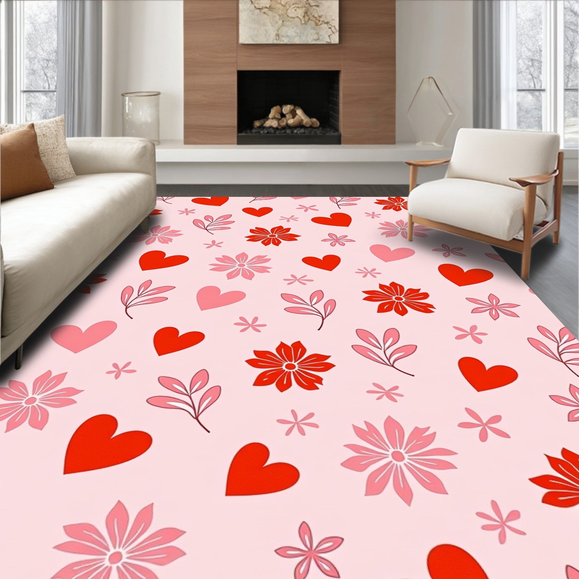 Whimsical Red Pink Hearts Floral Rug
