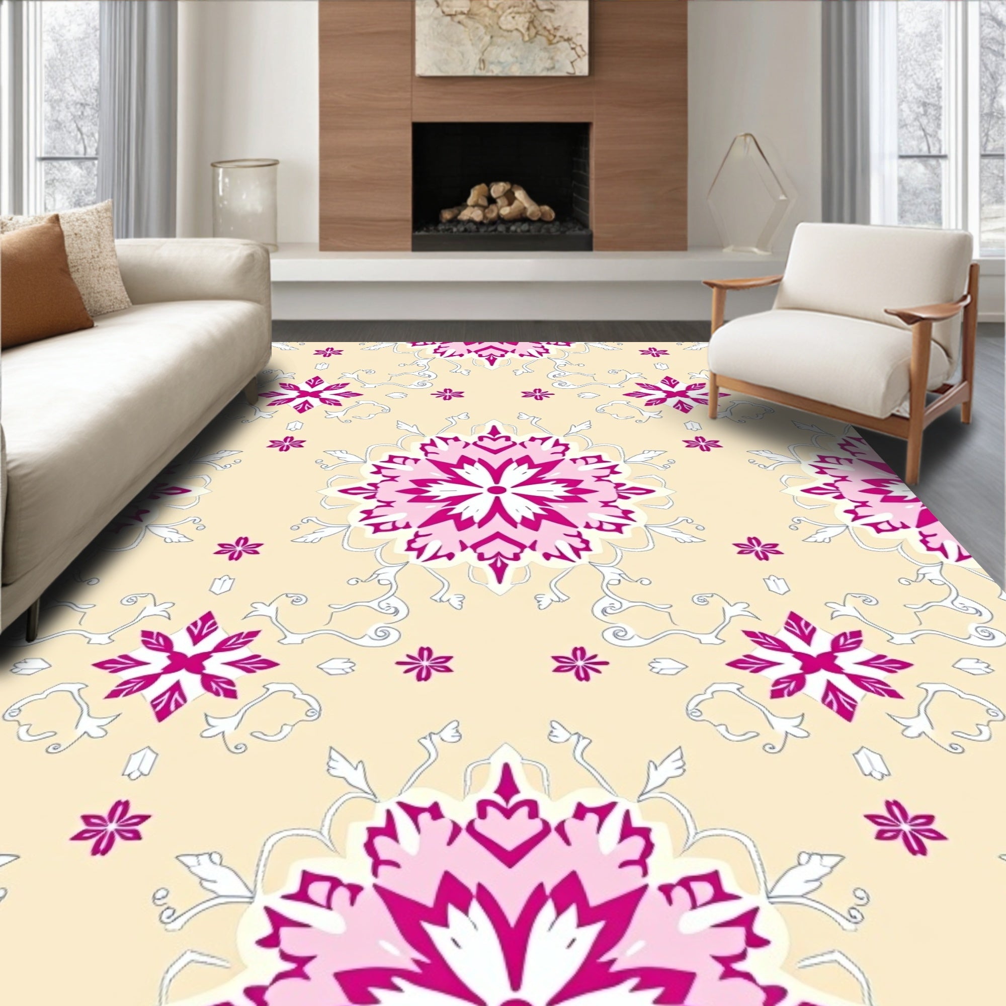 Crimson Pink Floral Medallion Cream Rug