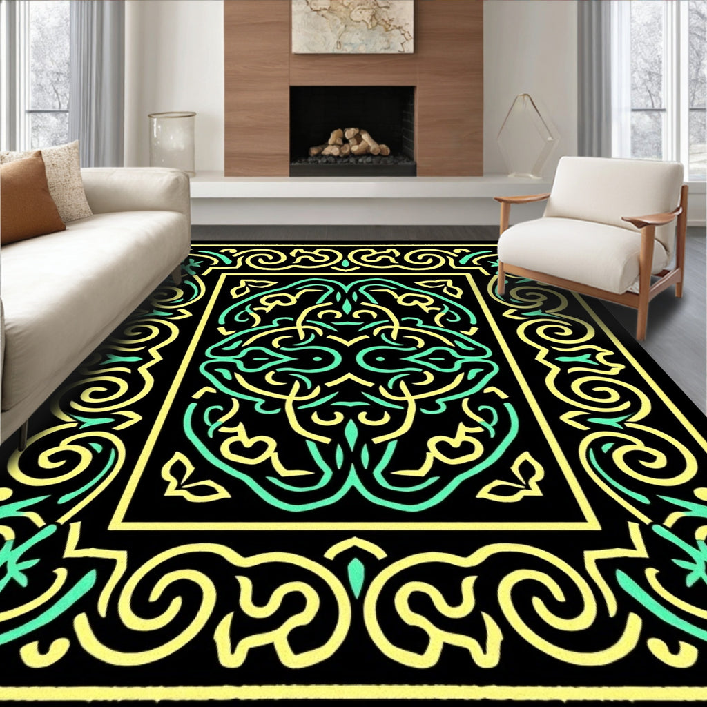 Emerald Yellow Intertwined Scrollwork Rectangle Rug