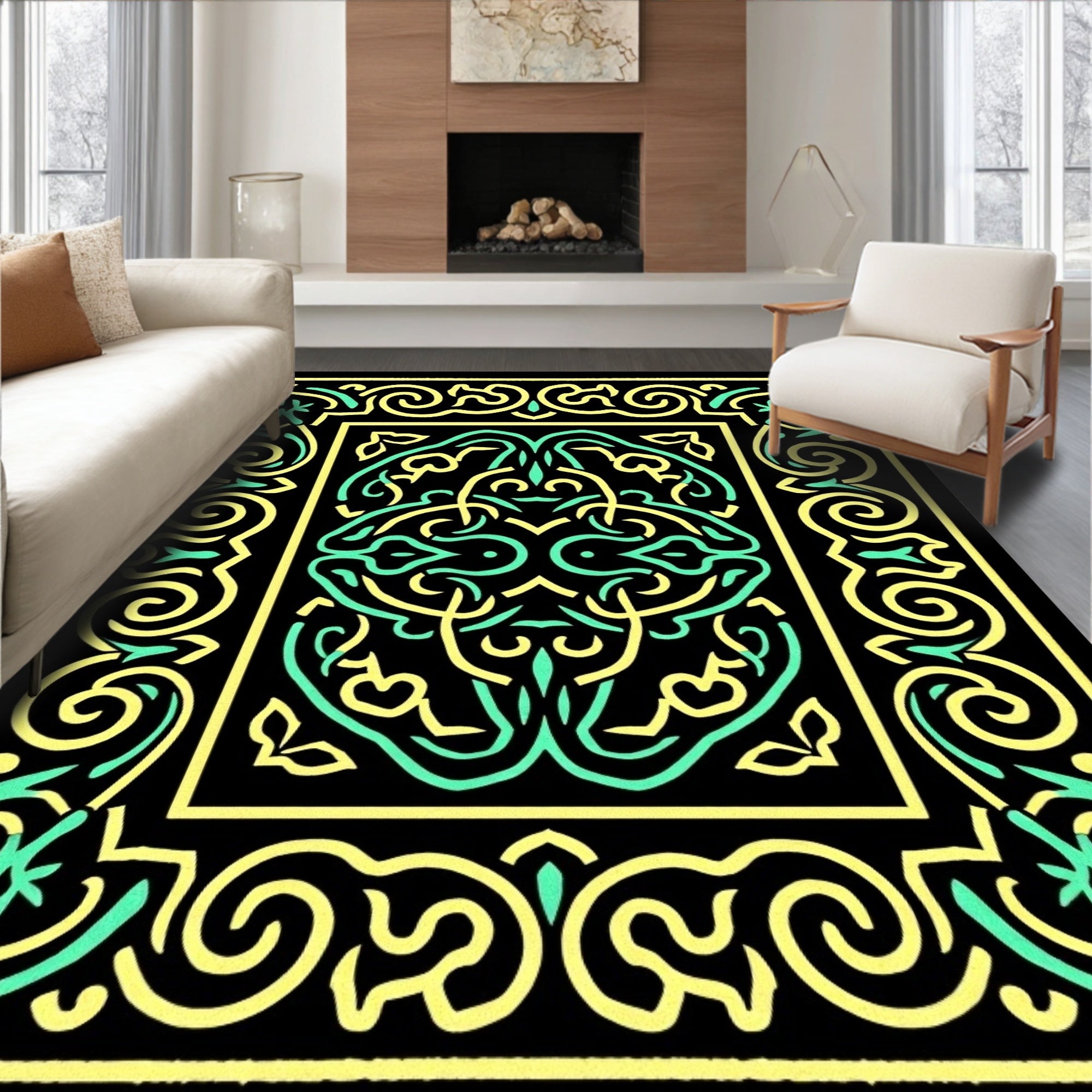 Emerald Yellow Intertwined Scrollwork Rectangle Rug