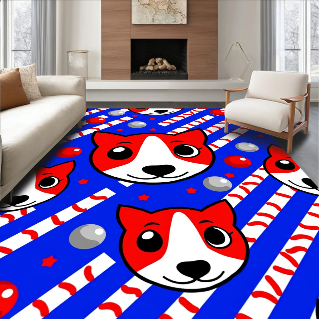 Cute Red Dog Faces Blue Stripe Rug