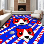 Cute Red Dog Faces Blue Stripe Rug