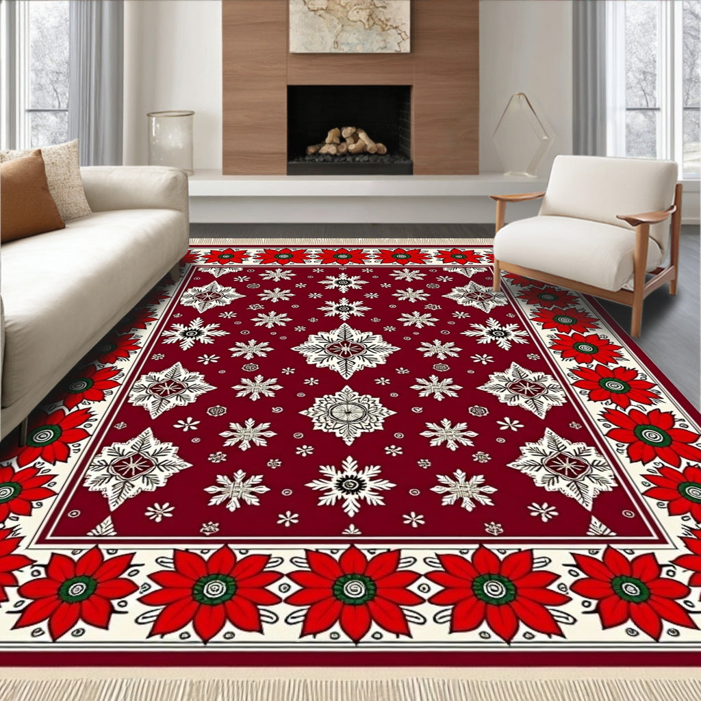 Crimson Red Snowflake Floral Border Rug
