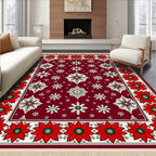 Crimson Red Snowflake Floral Border Rug