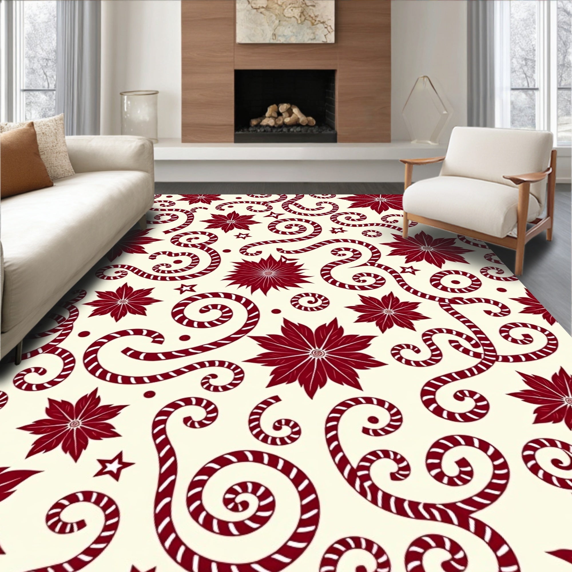 Crimson Poinsettia Swirl Inlay Rug