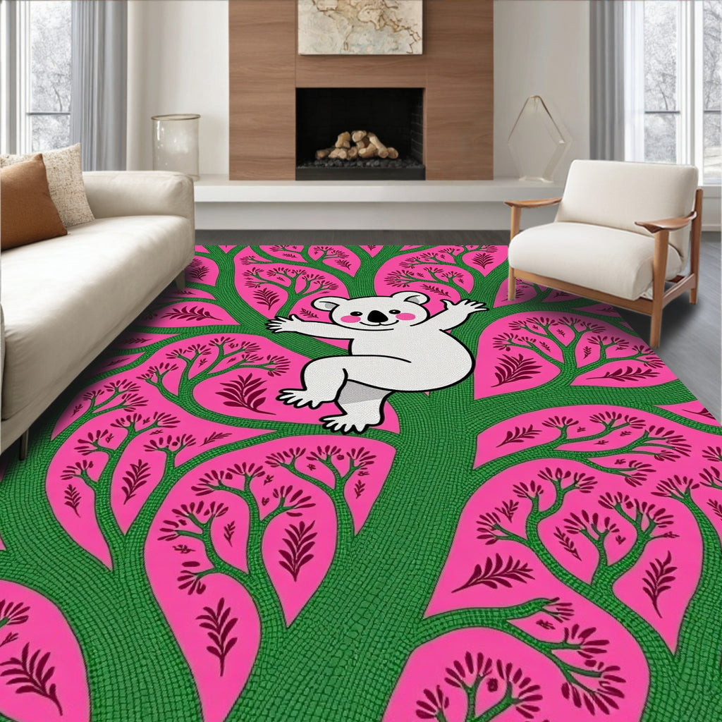 Playful White Koala Pink Tree Rug