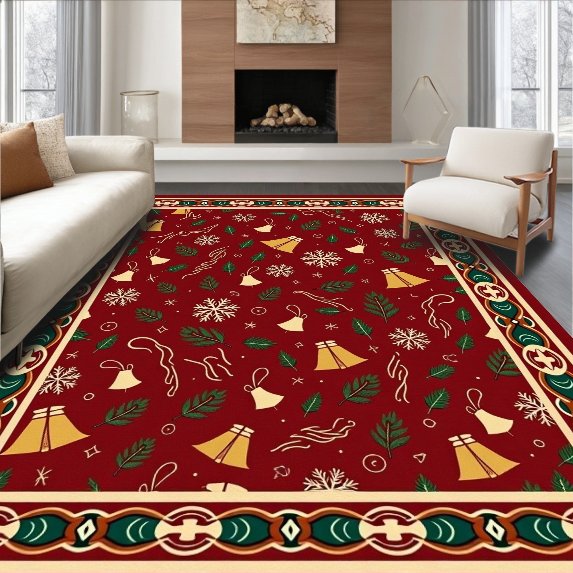 Crimson Snowflakes Bells Foliage Border Rug