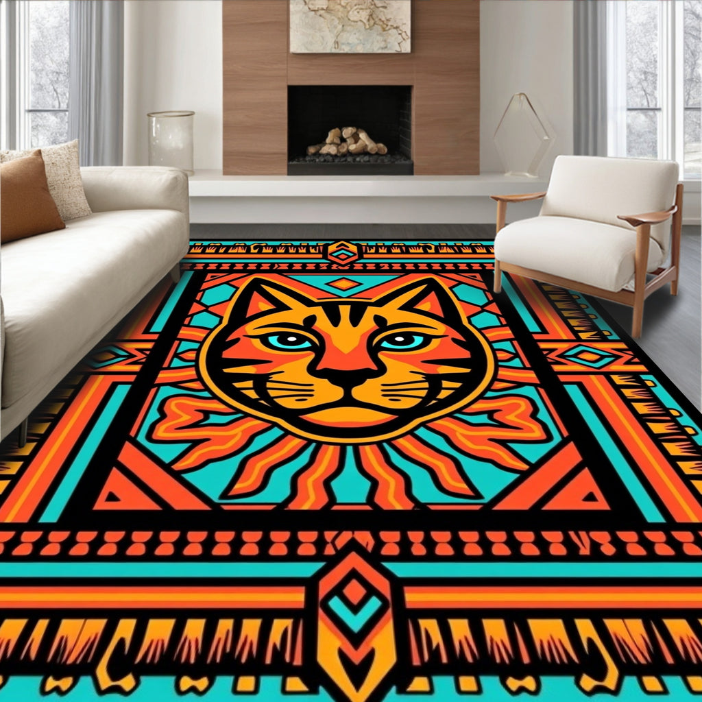 Vibrant Orange Blue Feline Geometric Rug