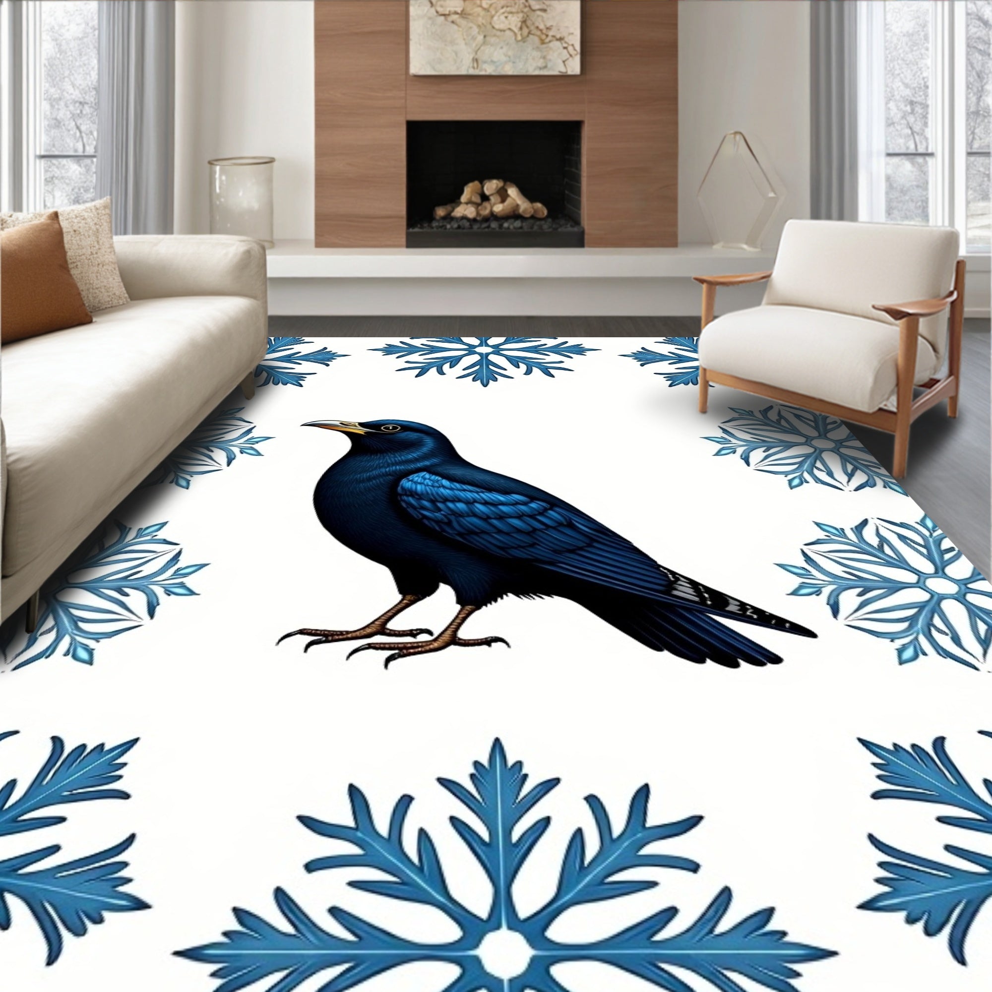 Bold Blue Bird Snowflake Frame Rug