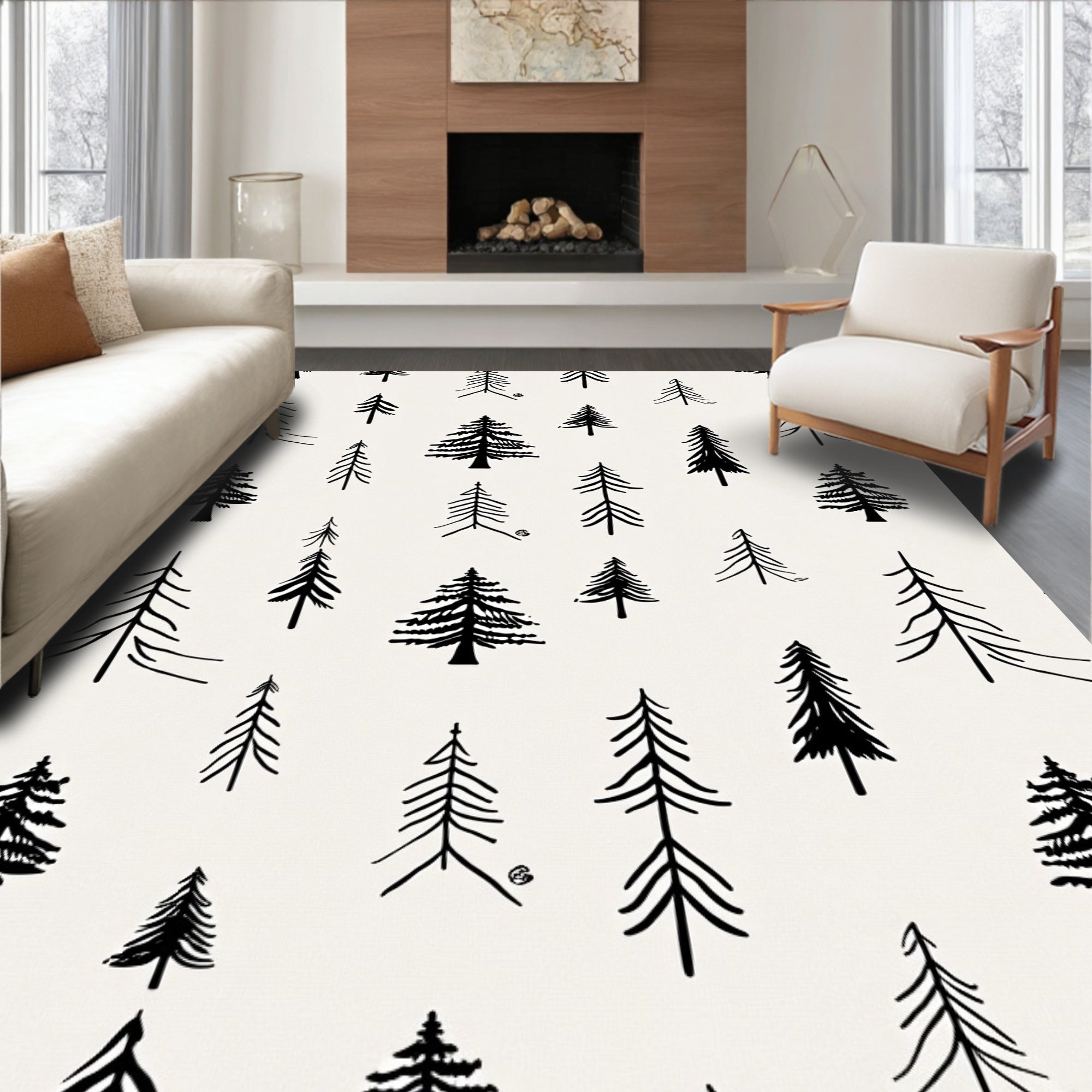 Black White Forest Pine Trees Rug