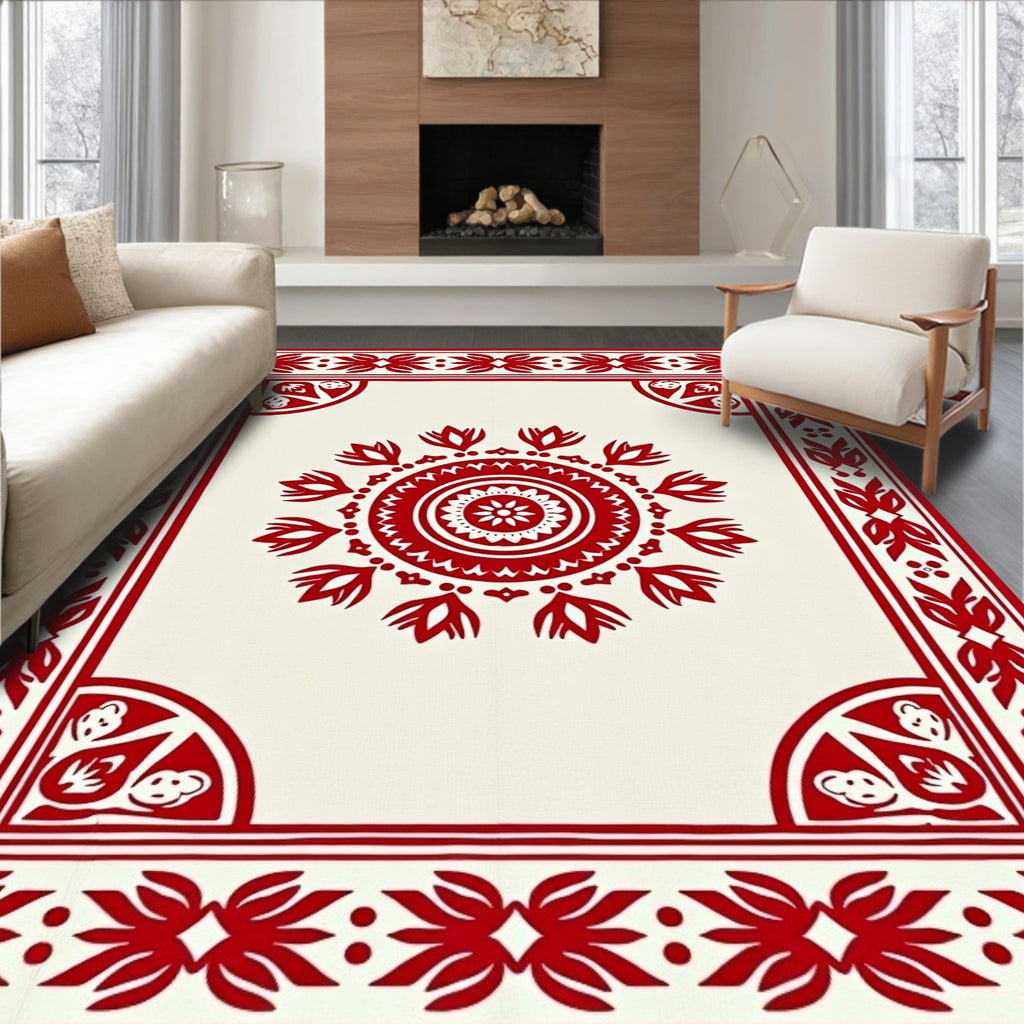 Crimson Cream Geometric Mandala Border Rug