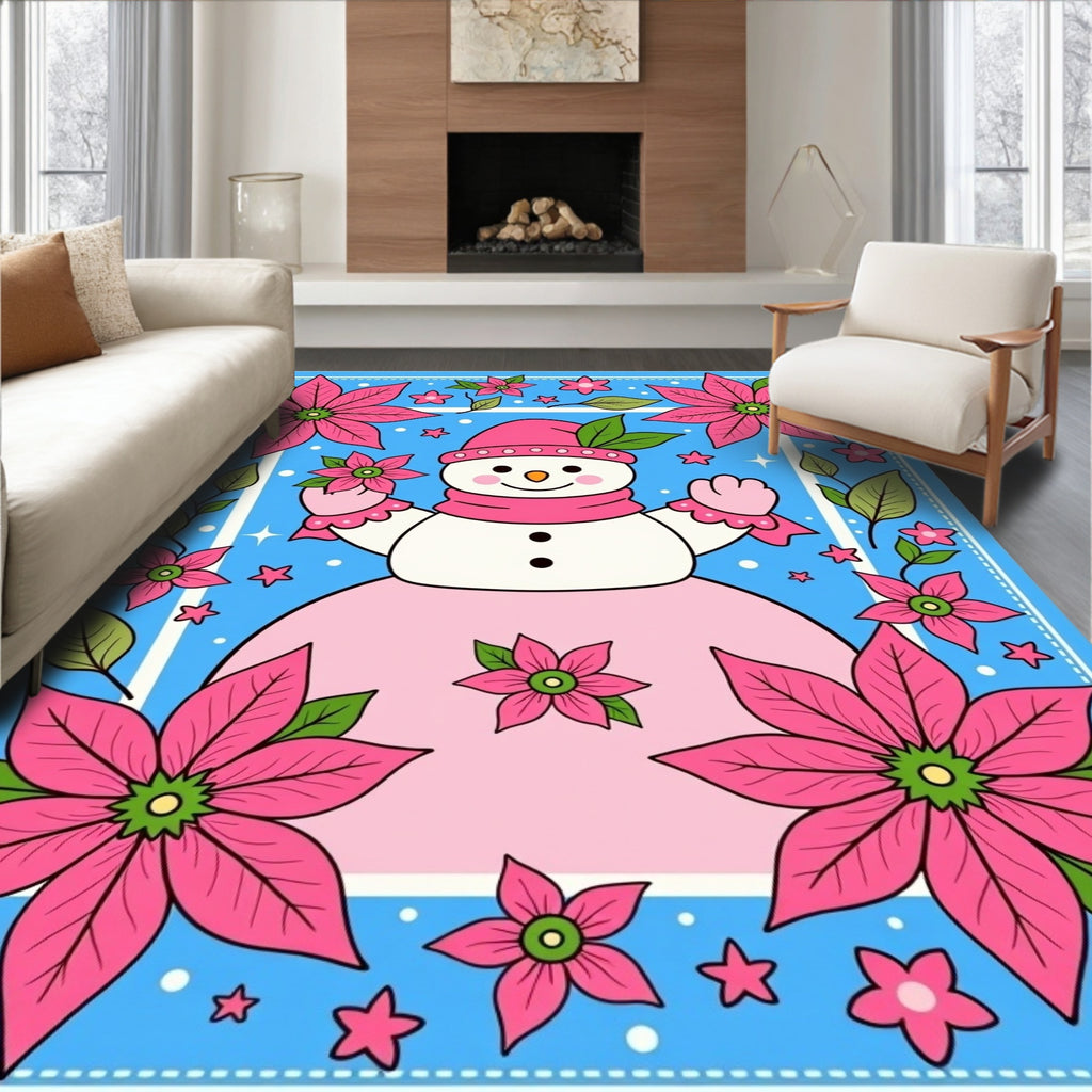Pink Poinsettia Snowman Festive Scene Rug
