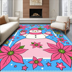 Pink Poinsettia Snowman Festive Scene Rug