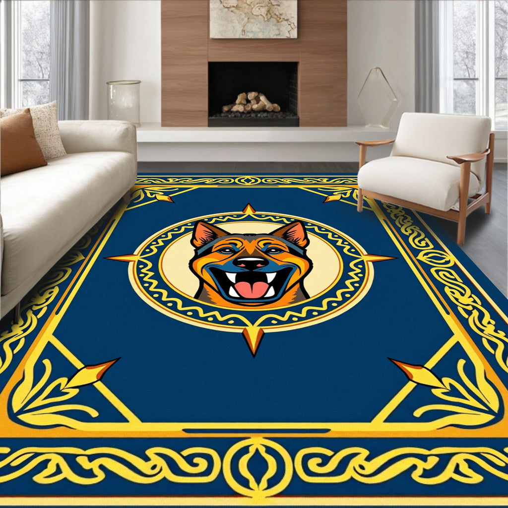 Bold Dog Face Blue Yellow Border Rug