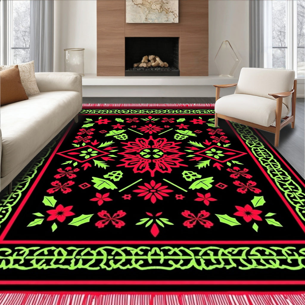 Bold Black Red Lime Floral Medallion Rug