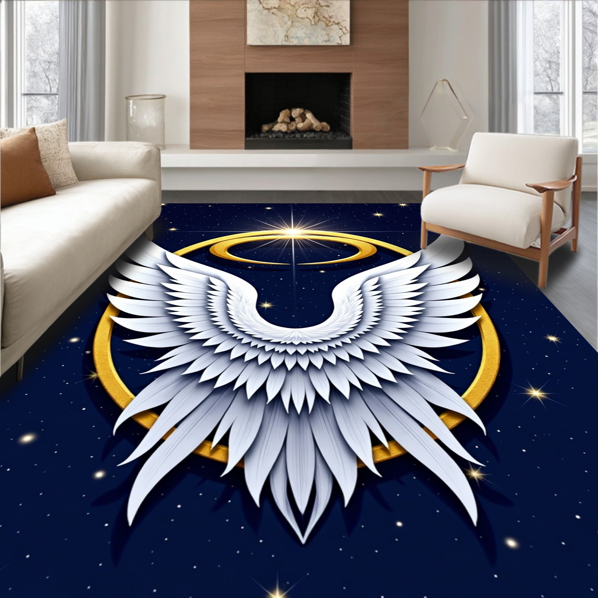 Celestial White Angel Wings Starry Night Rug
