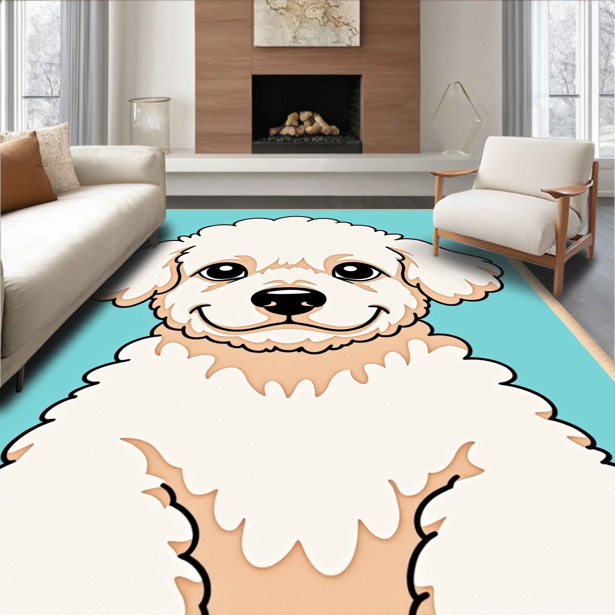 Fluffy White Dog Aqua Background Portrait Rug
