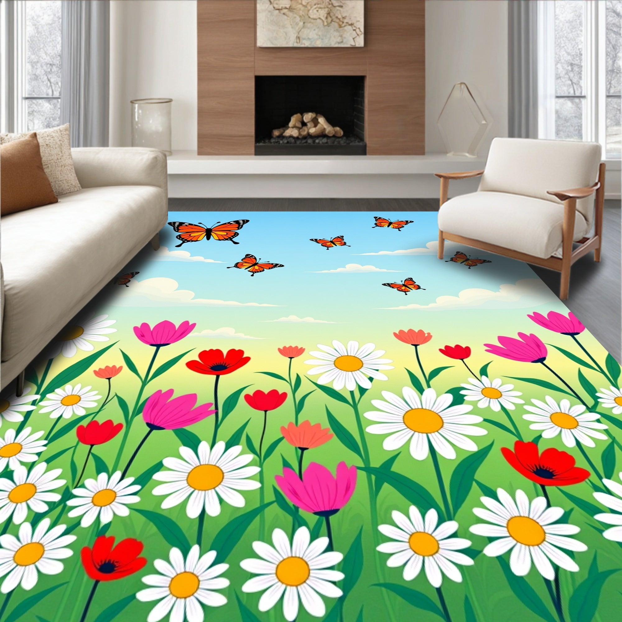 Whimsical Orange Butterfly Field Rug