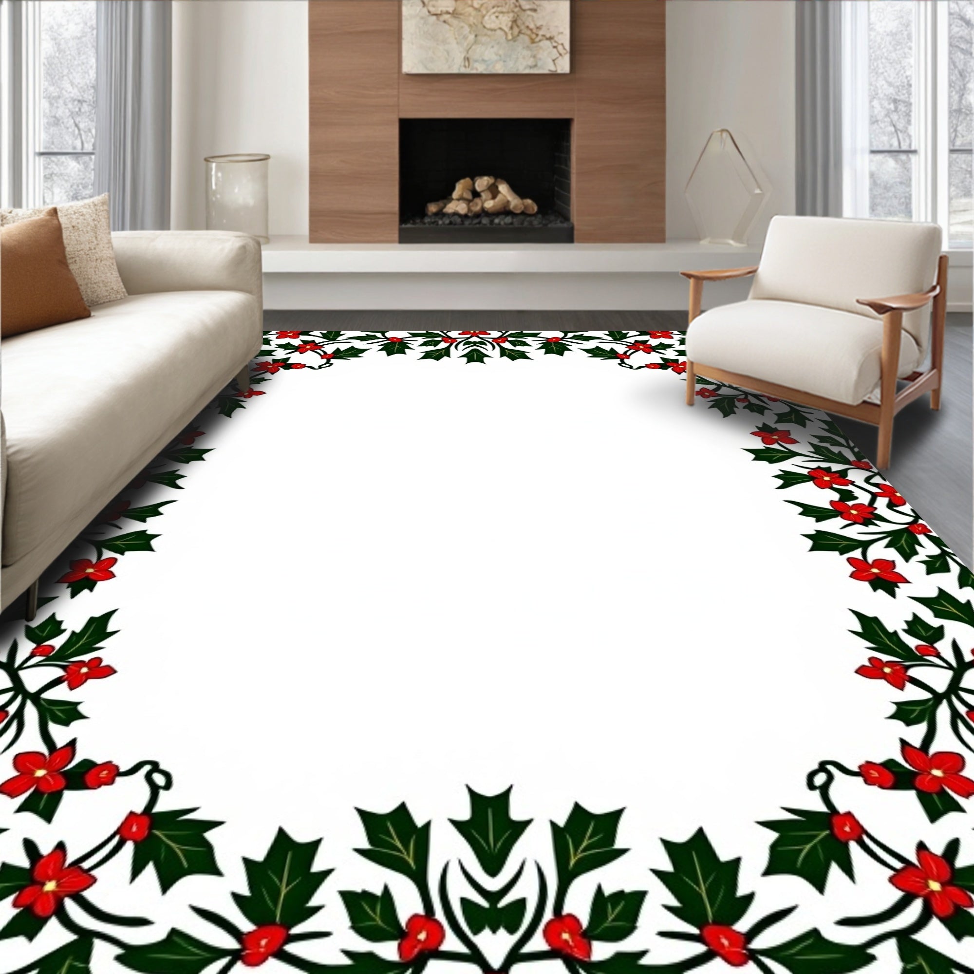 Crimson Holly Leaf Garland Rug
