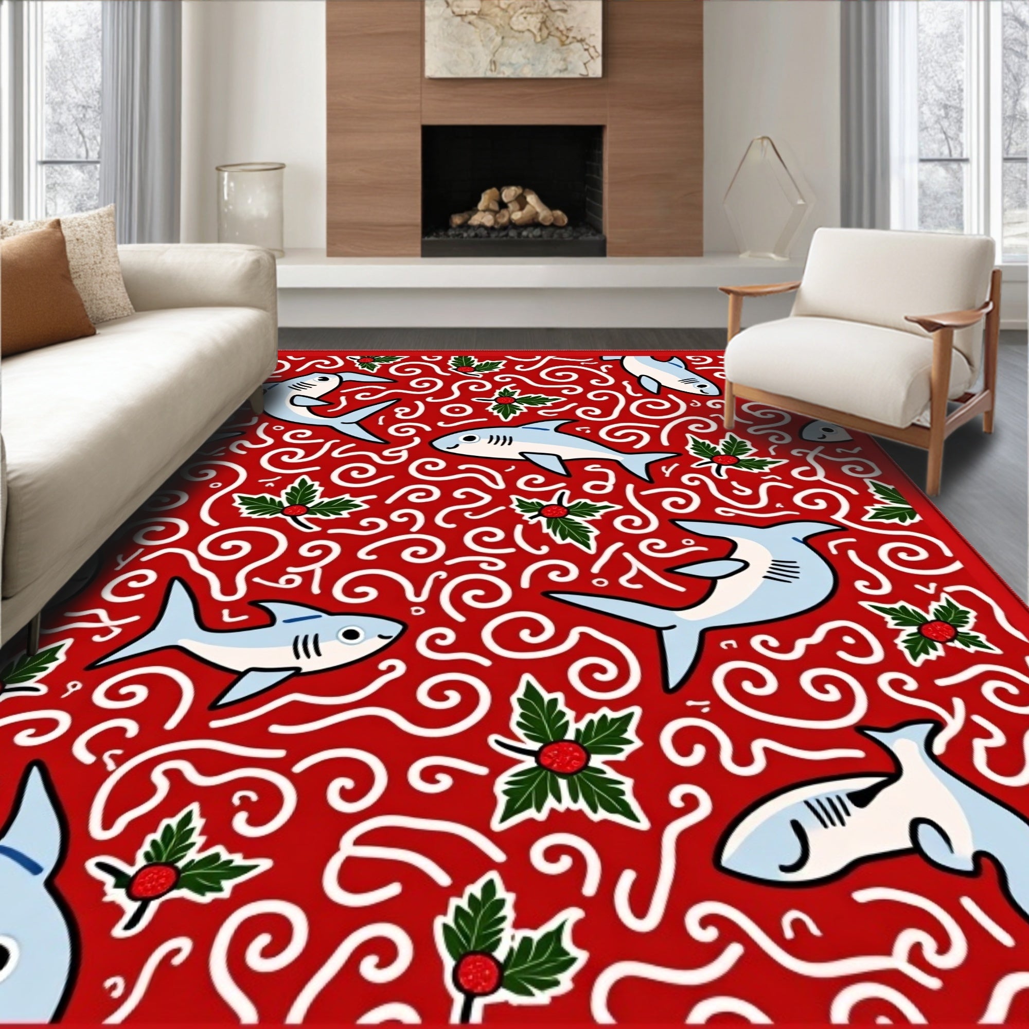 Whimsical Red Shark Holly Swirl Rug