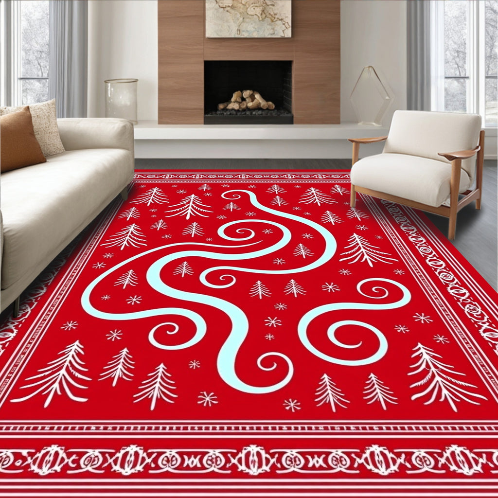 Red White Pine Tree Swirl Rug