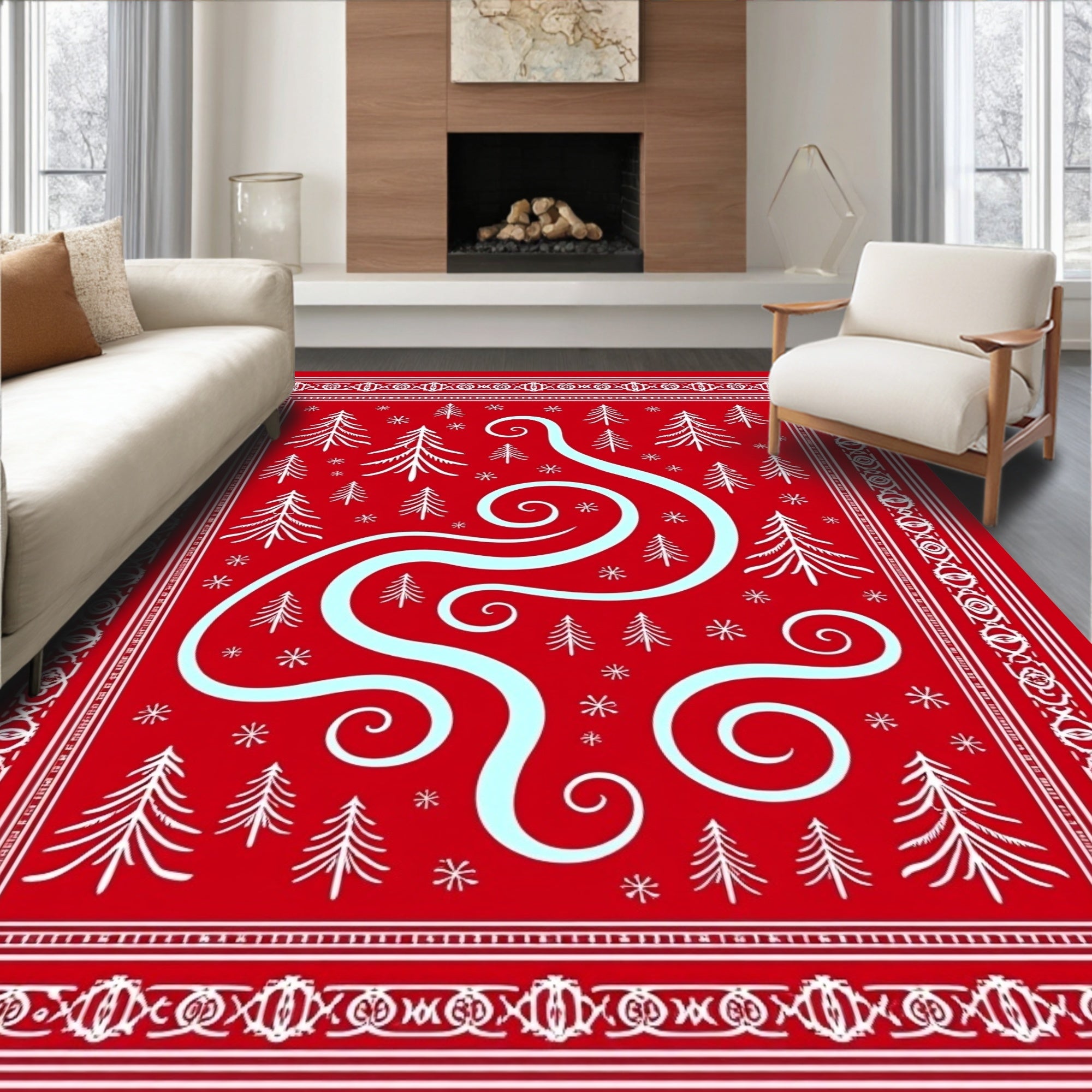 Red White Pine Tree Swirl Rug