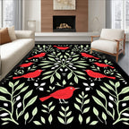 Crimson Birds Whimsical Black Foliage Rug